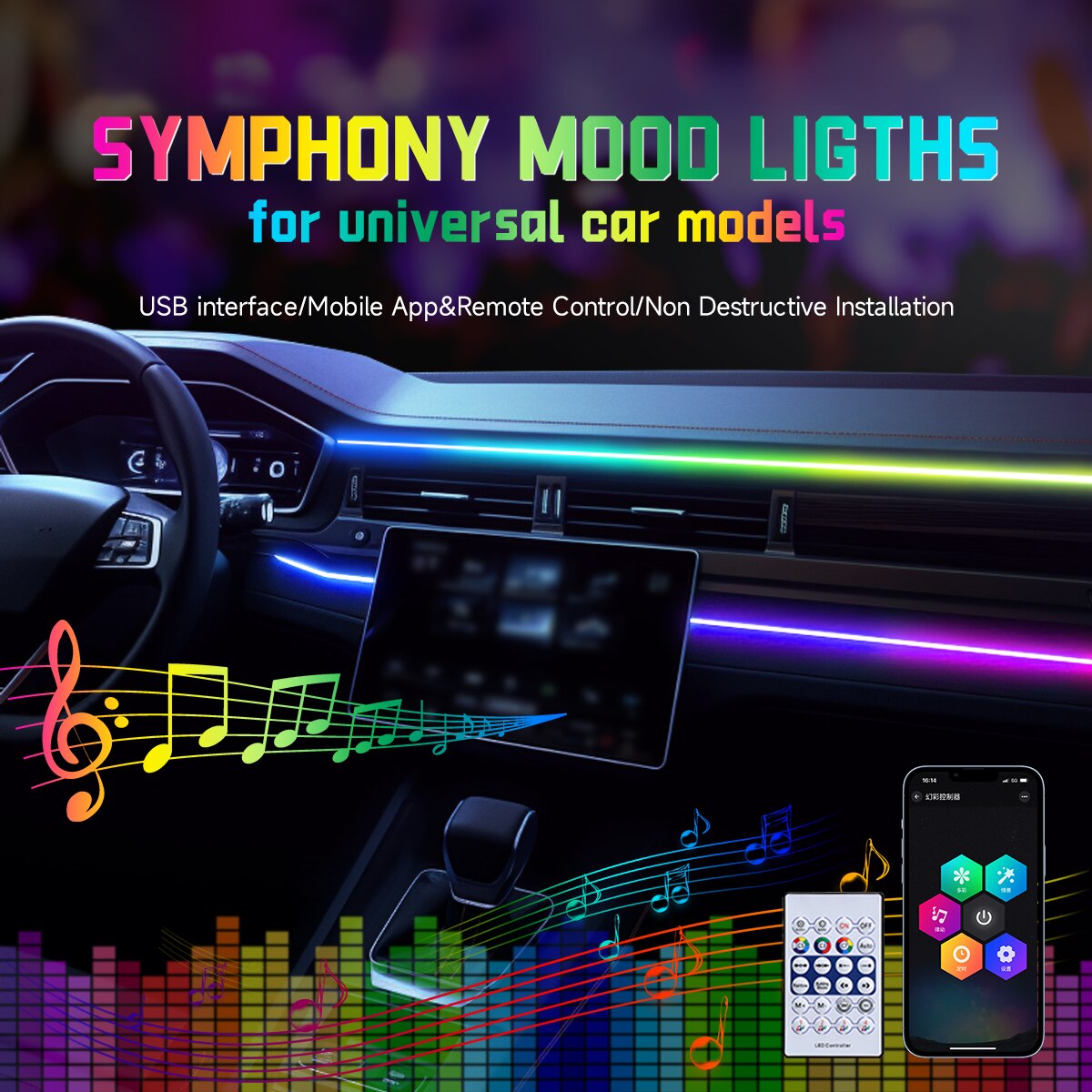 Lumière ambiante LED USB pour  - Led Ambient Interior Car Lights App Control avis et prix